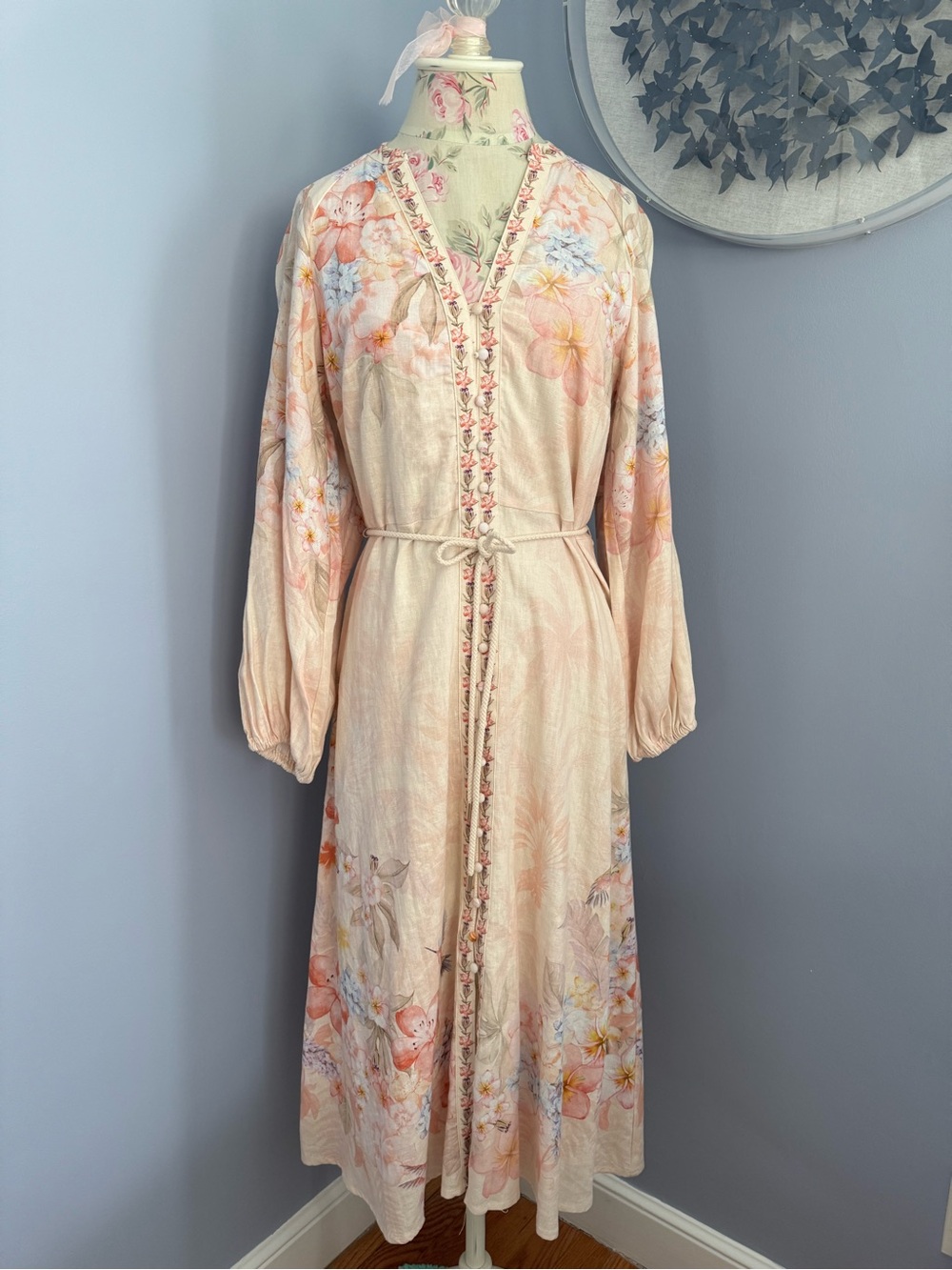 Calypso St. Barth Peach Floral Long Sleeve Midi Dress